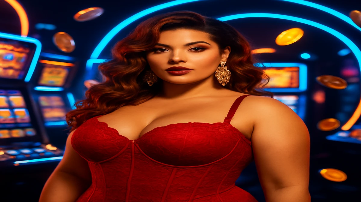 ঢেউখোলা চুল ও ঝলমলে কানের দুলসহ এক অপূর্ব নারী EG333 গেমিং প্ল্যাটফর্মের উজ্জ্বল ও জ্বলে ওঠা আলোগুলোর মাঝে দাঁড়িয়ে আছেন; আশেপাশে আর্কেড গেমগুলো ঘিরে আছে।