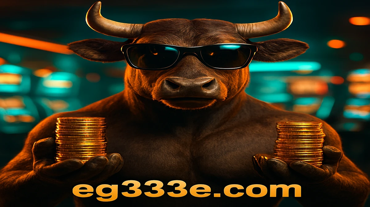EG333-এ ফরচুন অক্স গেমটির শক্তিশালী মাস্কট, সানগ্লাস পরা এক কুল বুল, একটি উজ্জ্বল গেমিং প্ল্যাটফর্ম-পরিবেশে সোনার মুদ্রার স্তূপগুলো ধরে আছে।